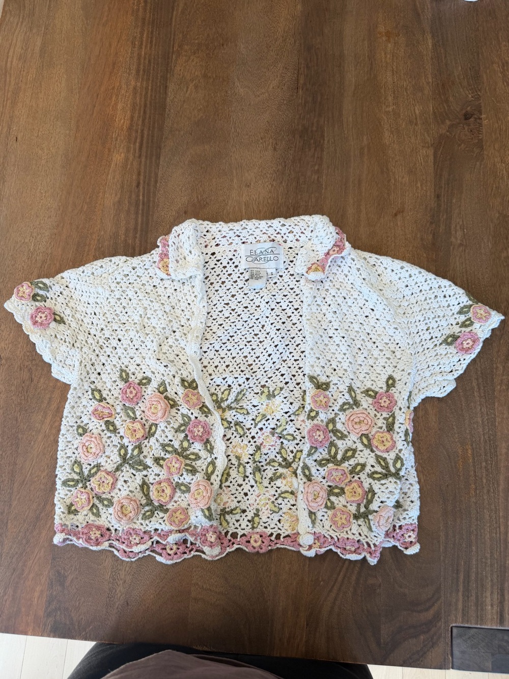 Vintage White Crochet Button-Down Top with Pink Rose Appliqués